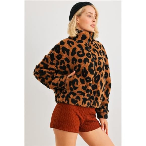Camel Leopard Print Fuzzy Teddy Knit Zip-up Jacket With Pockets For Women - Picture 5 of 6
